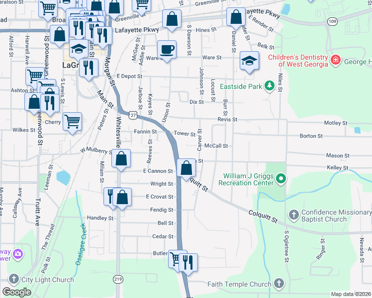 map of restaurants, bars, coffee shops, grocery stores, and more near 200 McCall Street in LaGrange