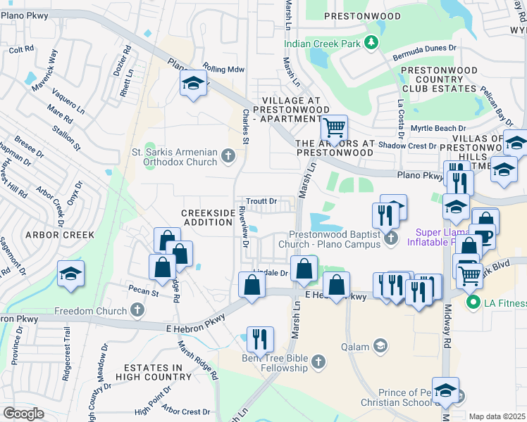 map of restaurants, bars, coffee shops, grocery stores, and more near 2724 Cedar Elm Drive in Carrollton
