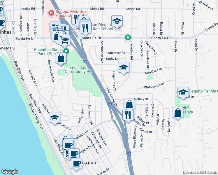 map of restaurants, bars, coffee shops, grocery stores, and more near 1543 Villa Cardiff Drive in Encinitas