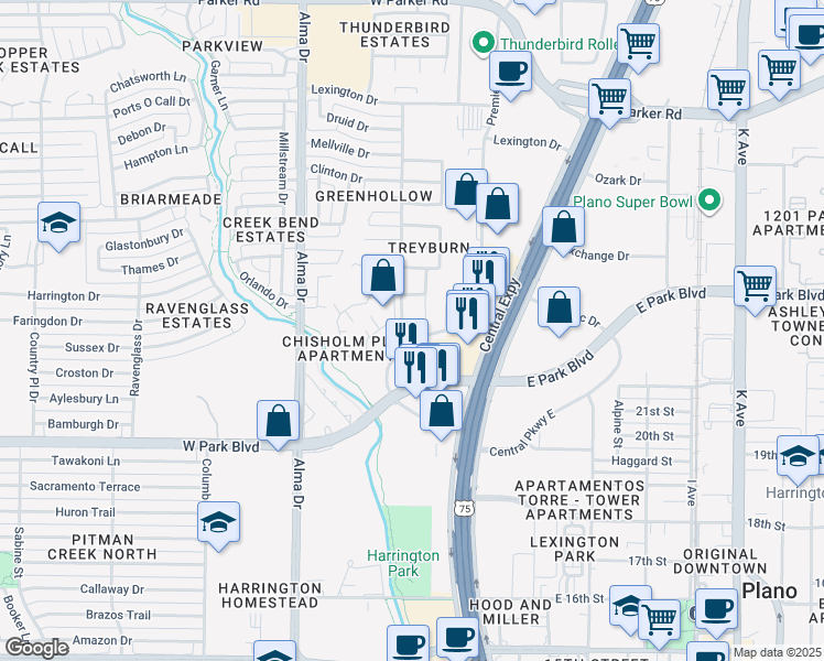 map of restaurants, bars, coffee shops, grocery stores, and more near 2300 Treyburn Court in Plano