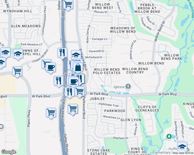 map of restaurants, bars, coffee shops, grocery stores, and more near 2124 Sutton Place in Plano