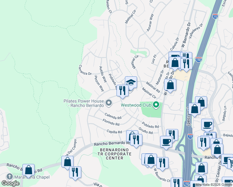 map of restaurants, bars, coffee shops, grocery stores, and more near 17394 Libertad Drive in San Diego
