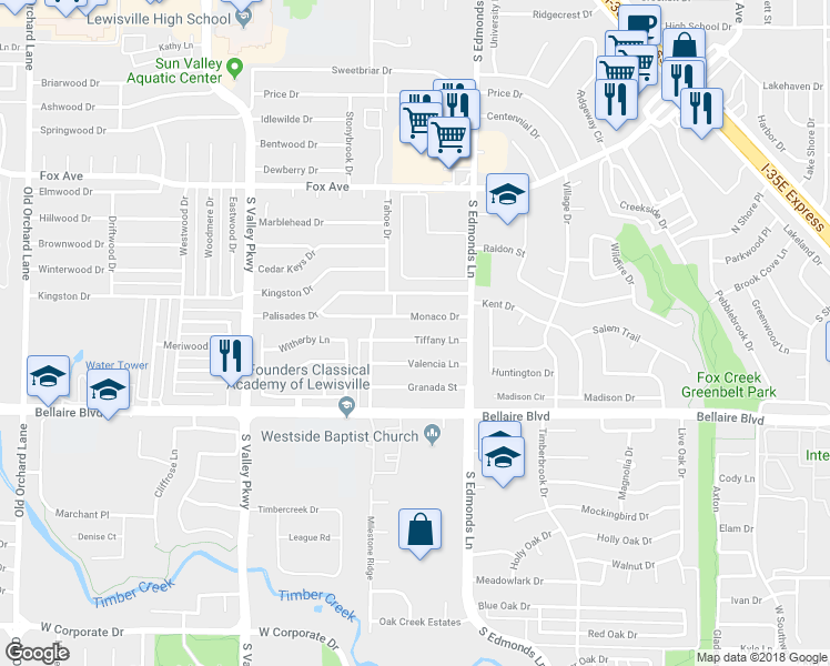 map of restaurants, bars, coffee shops, grocery stores, and more near 1255 Tiffany Lane in Lewisville