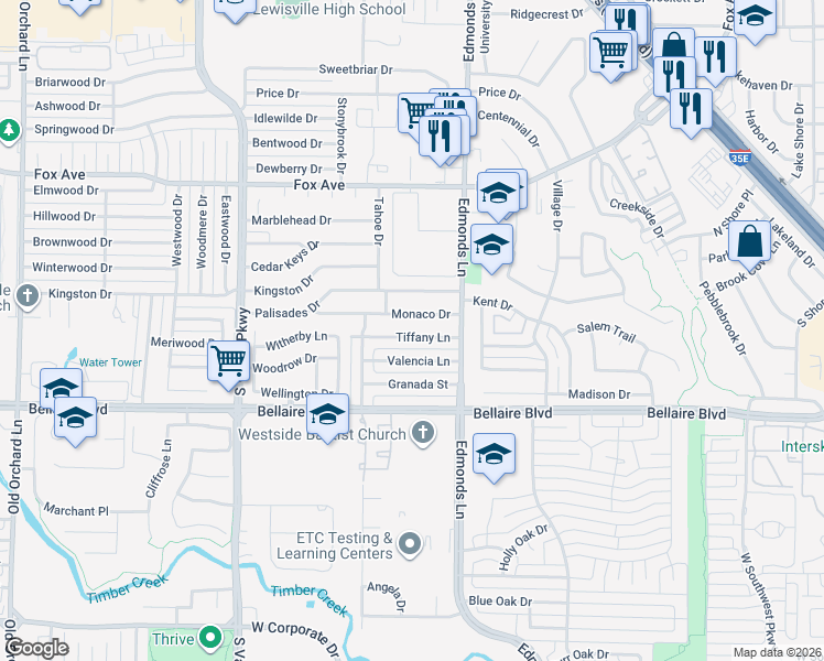 map of restaurants, bars, coffee shops, grocery stores, and more near 1249 Tiffany Lane in Lewisville