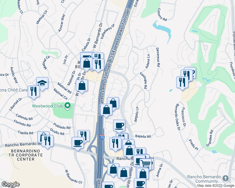 map of restaurants, bars, coffee shops, grocery stores, and more near 17483 Ashburton Road in San Diego
