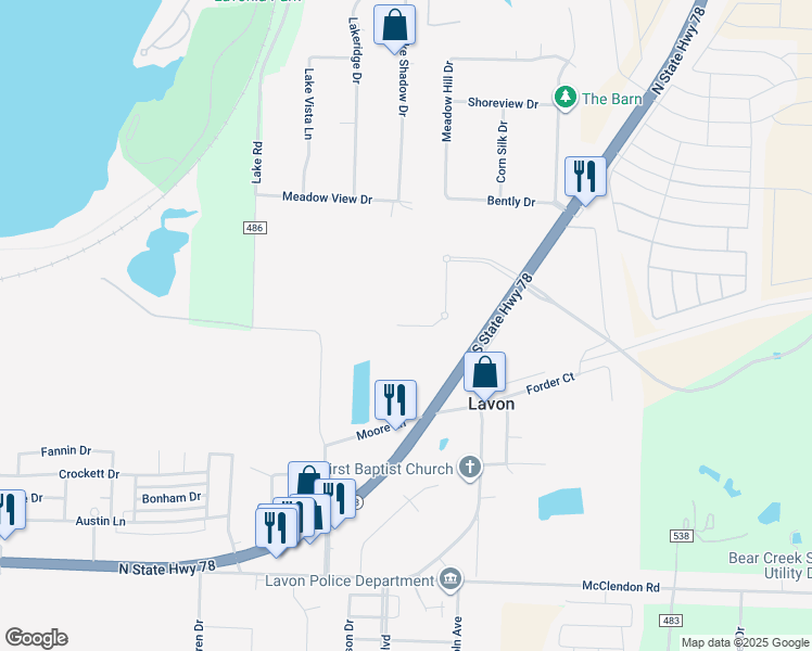 map of restaurants, bars, coffee shops, grocery stores, and more near 400 Lake Road in Lavon