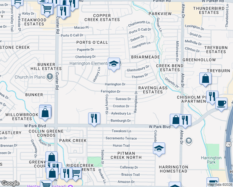 map of restaurants, bars, coffee shops, grocery stores, and more near 1553 Sussex Drive in Plano