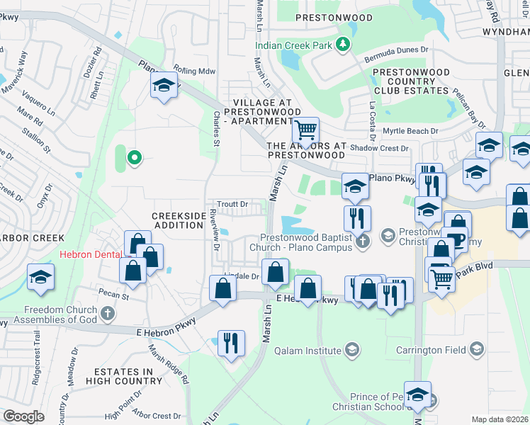 map of restaurants, bars, coffee shops, grocery stores, and more near 4408 Murphy Lane in Carrollton
