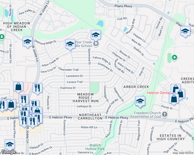 map of restaurants, bars, coffee shops, grocery stores, and more near 2115 Lavaca Trail in Carrollton