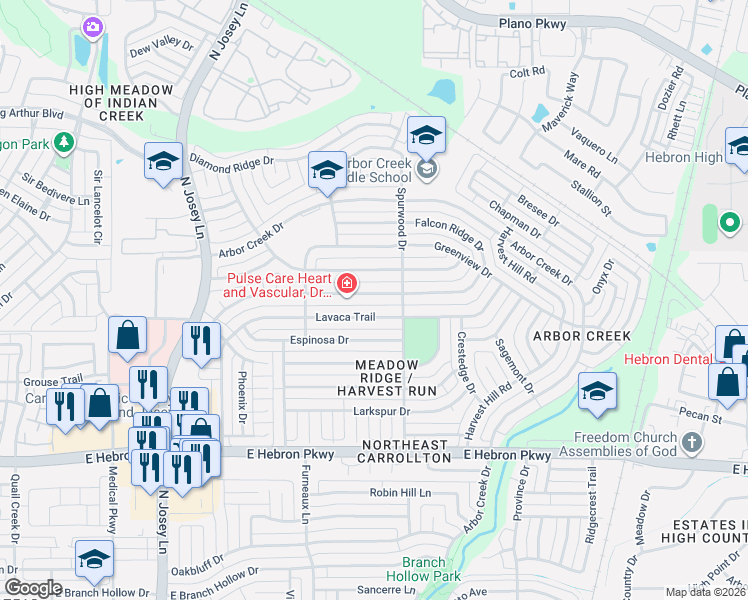 map of restaurants, bars, coffee shops, grocery stores, and more near 2027 Lavaca Trail in Carrollton