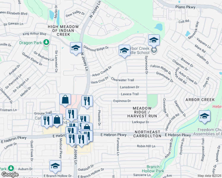 map of restaurants, bars, coffee shops, grocery stores, and more near 1920 Lansdown Drive in Carrollton