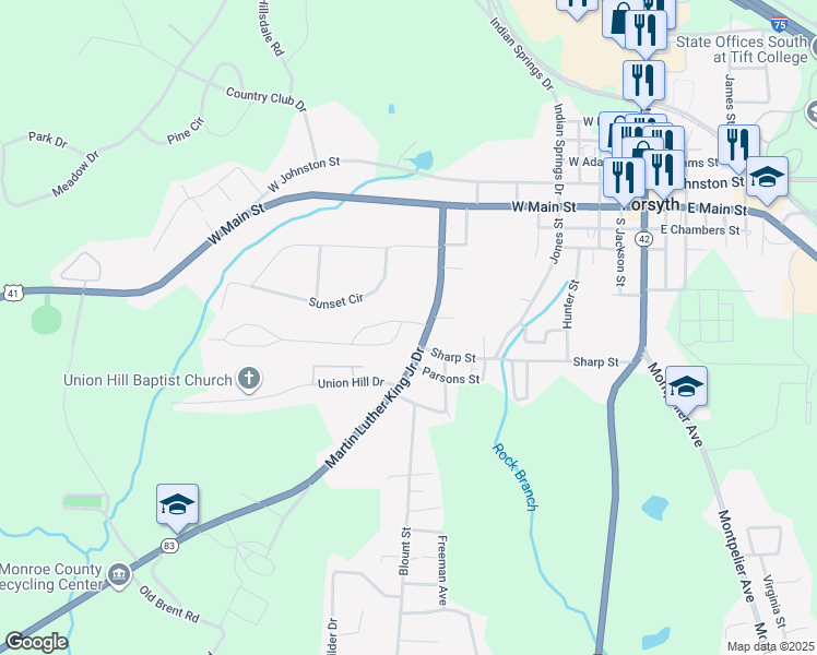 map of restaurants, bars, coffee shops, grocery stores, and more near 167 Martin Luther King Junior Drive in Forsyth