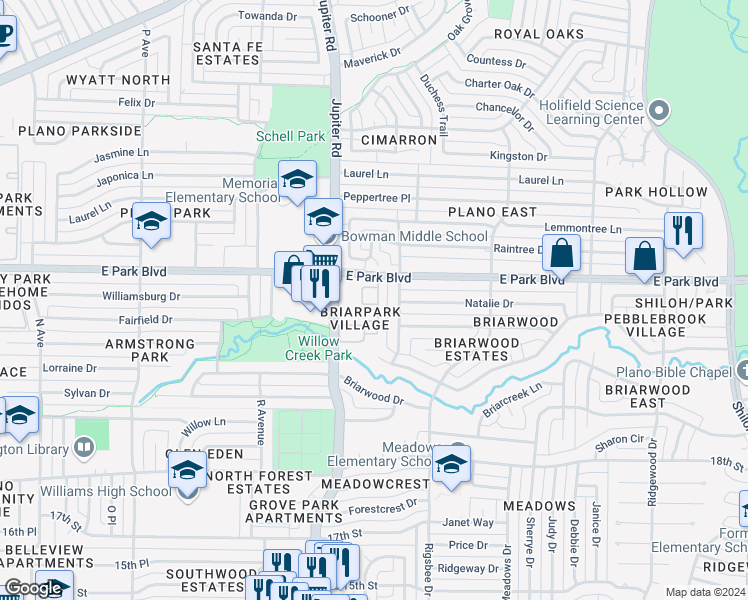 map of restaurants, bars, coffee shops, grocery stores, and more near 2450 Jupiter Road in Plano