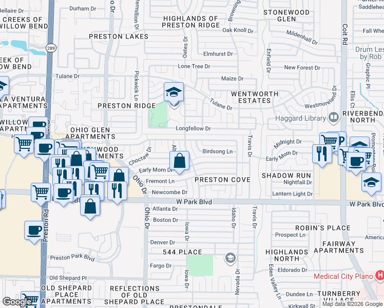 map of restaurants, bars, coffee shops, grocery stores, and more near 2309 Decator Drive in Plano