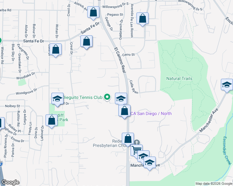 map of restaurants, bars, coffee shops, grocery stores, and more near 1350 South El Camino Real in Encinitas