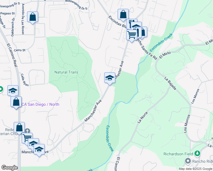 map of restaurants, bars, coffee shops, grocery stores, and more near Manchester Avenue in Encinitas