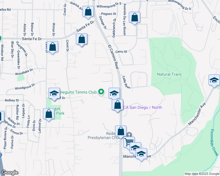 map of restaurants, bars, coffee shops, grocery stores, and more near 2 Encinitas Boulevard in Encinitas
