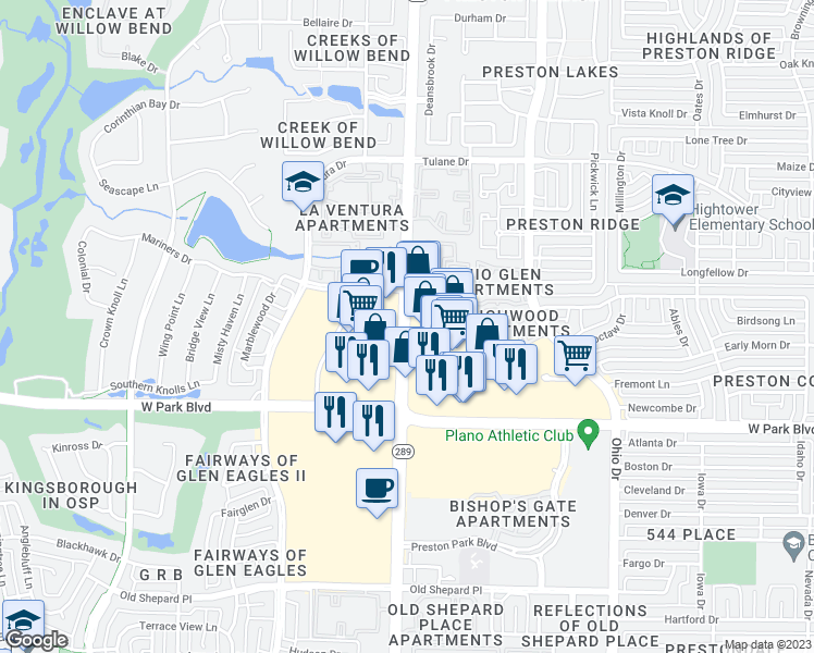 map of restaurants, bars, coffee shops, grocery stores, and more near 2035 Preston Road in Plano