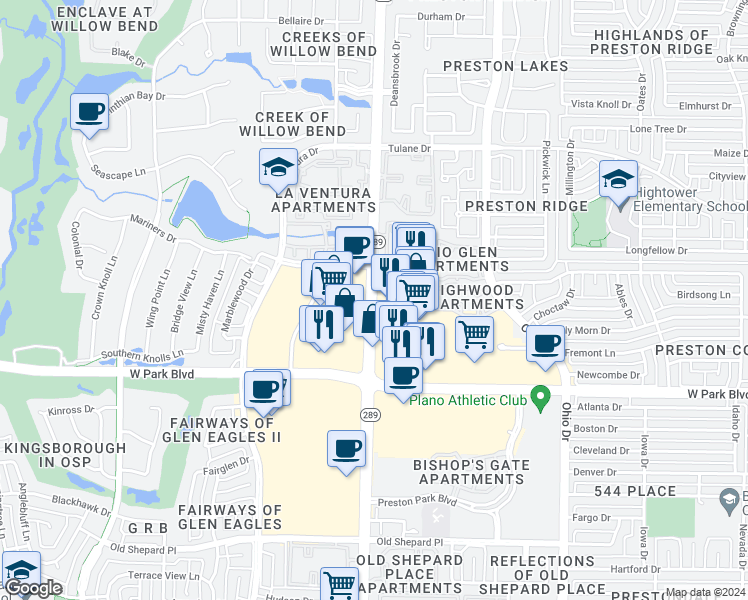 map of restaurants, bars, coffee shops, grocery stores, and more near 2064 Preston Road in Plano
