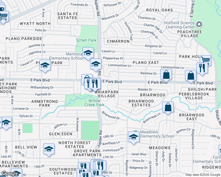 map of restaurants, bars, coffee shops, grocery stores, and more near 2450 Jupiter Road in Plano