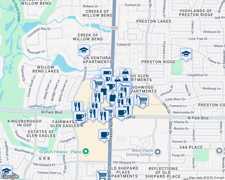 map of restaurants, bars, coffee shops, grocery stores, and more near 2200 Preston Road in Plano