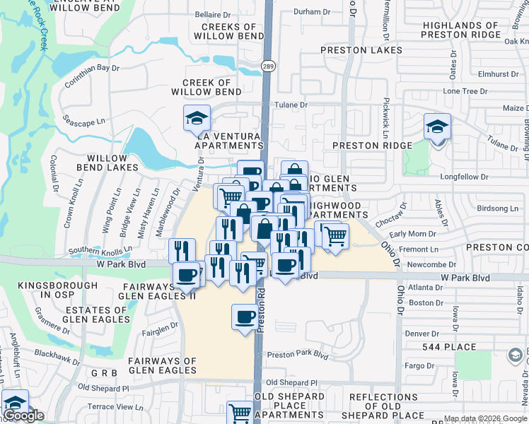 map of restaurants, bars, coffee shops, grocery stores, and more near 2200 Preston Road in Plano