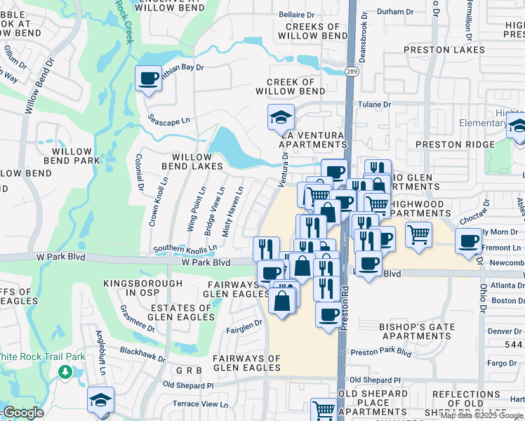 map of restaurants, bars, coffee shops, grocery stores, and more near 5100 Captiva Drive in Plano