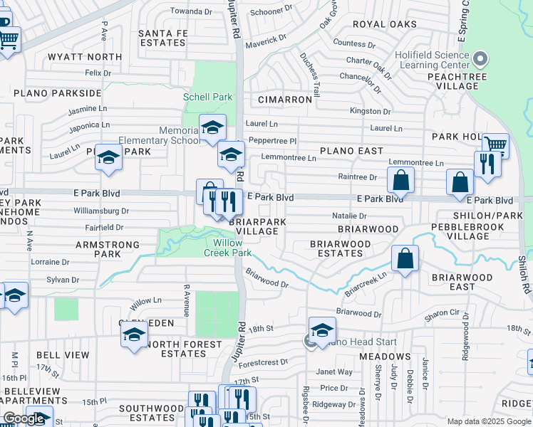 map of restaurants, bars, coffee shops, grocery stores, and more near 2500 East Park Boulevard in Plano