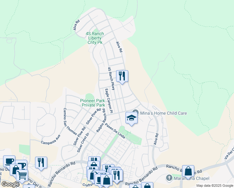 map of restaurants, bars, coffee shops, grocery stores, and more near 17321 4S Ranch Parkway in San Diego