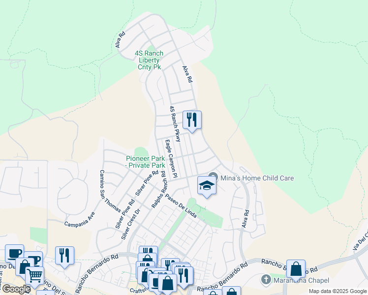 map of restaurants, bars, coffee shops, grocery stores, and more near 17321 4S Ranch Parkway in San Diego
