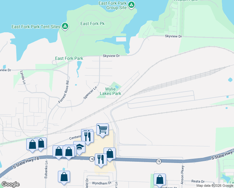 map of restaurants, bars, coffee shops, grocery stores, and more near 2125 Colby Lane in Wylie