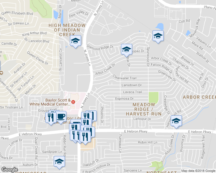map of restaurants, bars, coffee shops, grocery stores, and more near 1920 Lansdown Drive in Carrollton