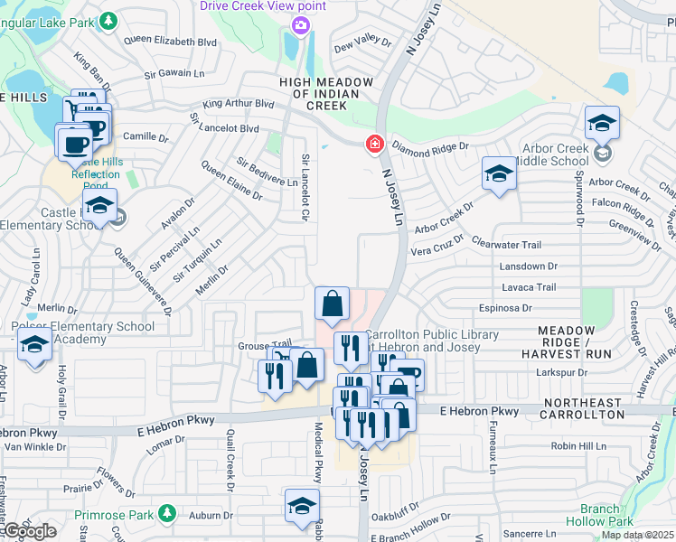 map of restaurants, bars, coffee shops, grocery stores, and more near 1855 Cheyenne Drive in Carrollton