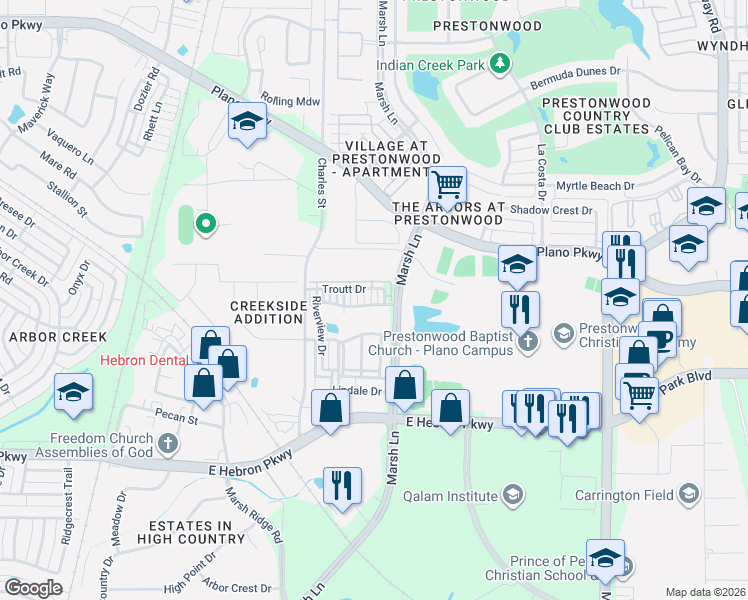 map of restaurants, bars, coffee shops, grocery stores, and more near 4408 Murphy Lane in Carrollton