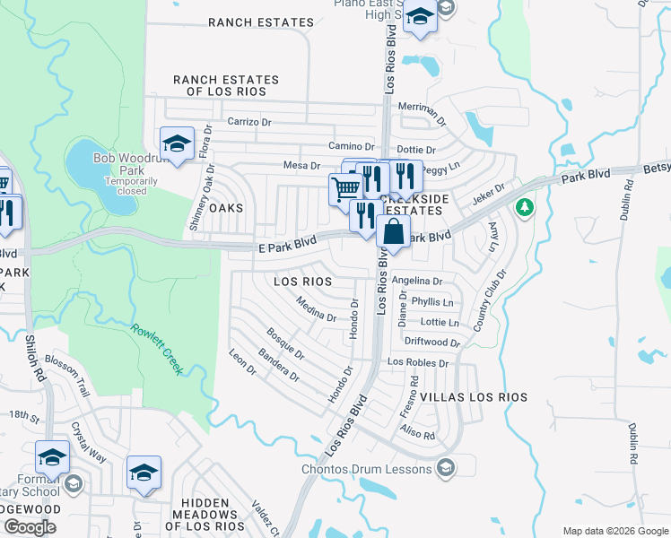 map of restaurants, bars, coffee shops, grocery stores, and more near 4023 Angelina Drive in Plano