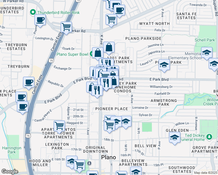 map of restaurants, bars, coffee shops, grocery stores, and more near 2338 Ashley Park Drive in Plano