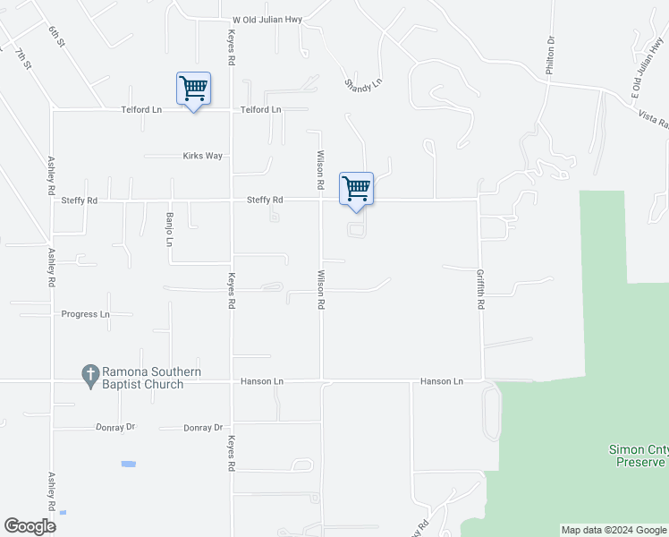 map of restaurants, bars, coffee shops, grocery stores, and more near 1542 Wilson Road in Ramona