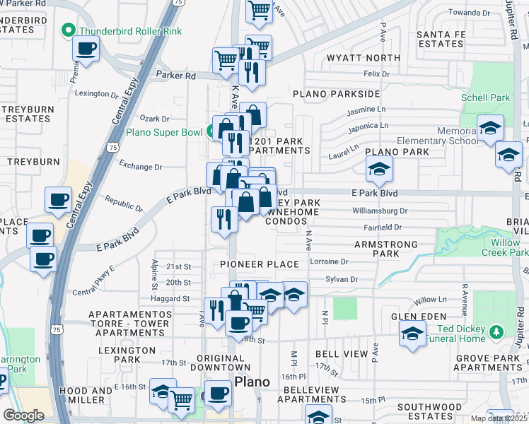 map of restaurants, bars, coffee shops, grocery stores, and more near 2338-2354 Ashley Park Dr in Plano