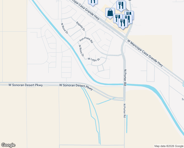 map of restaurants, bars, coffee shops, grocery stores, and more near 42003 West Rosa Drive in Maricopa