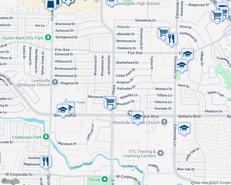 map of restaurants, bars, coffee shops, grocery stores, and more near 1392 Ashby Drive in Lewisville