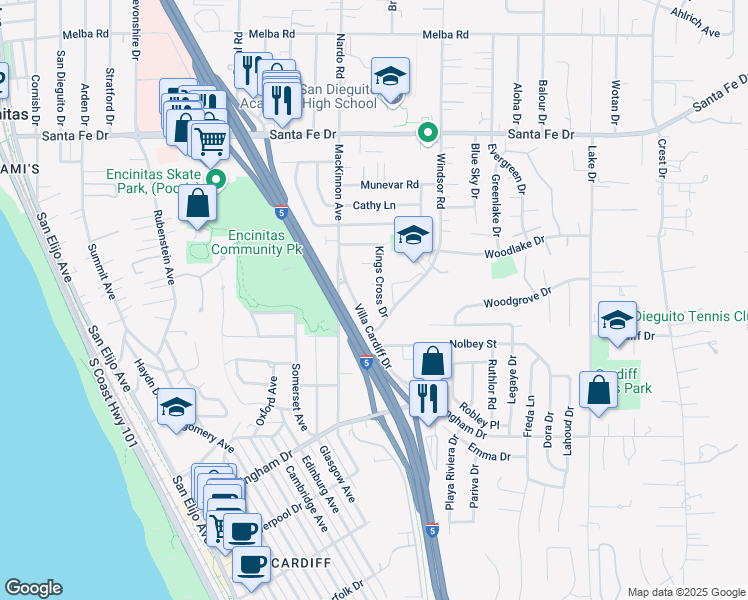 map of restaurants, bars, coffee shops, grocery stores, and more near 1562 Kings Cross Drive in Encinitas