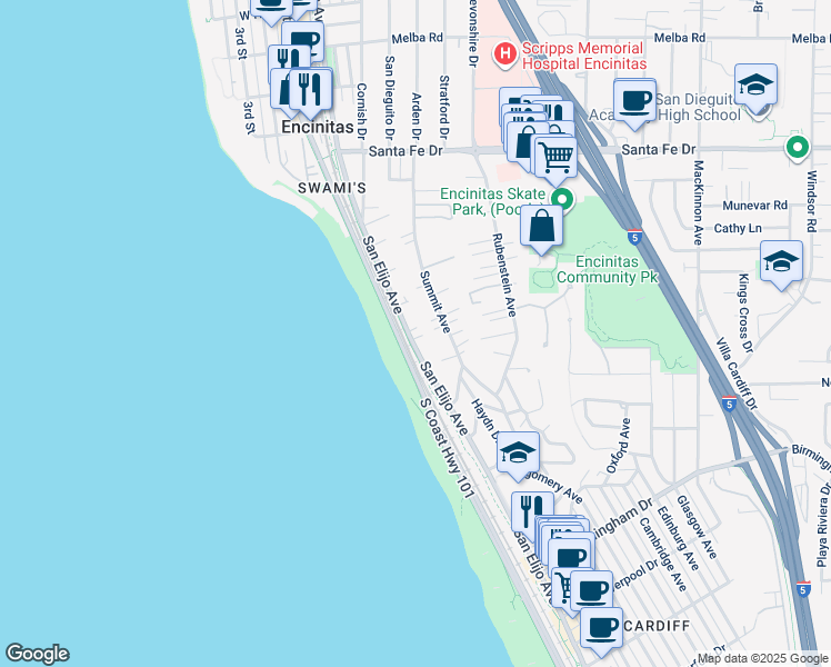 map of restaurants, bars, coffee shops, grocery stores, and more near 1545 San Elijo Avenue in Encinitas