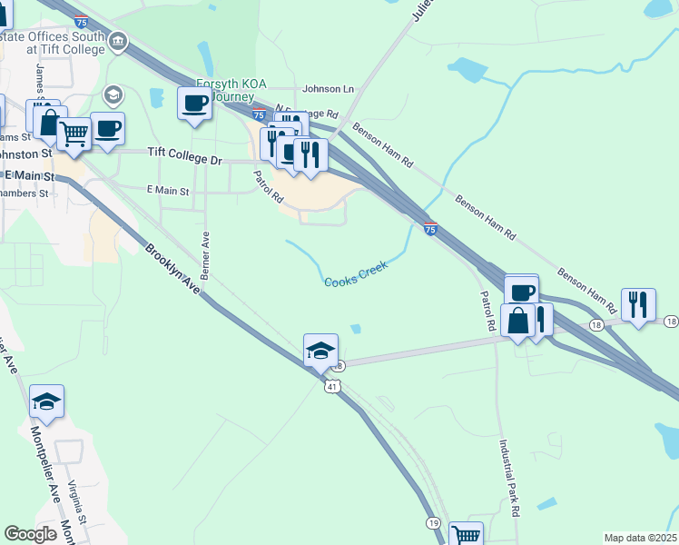 map of restaurants, bars, coffee shops, grocery stores, and more near 600 Holiday Circle in Forsyth