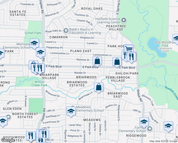 map of restaurants, bars, coffee shops, grocery stores, and more near 3008 Natalie Drive in Plano