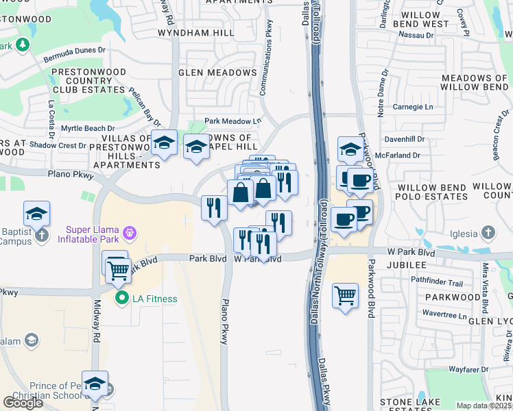 map of restaurants, bars, coffee shops, grocery stores, and more near 6121 West Park Boulevard in Plano