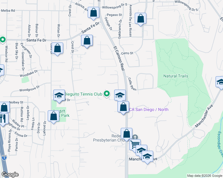 map of restaurants, bars, coffee shops, grocery stores, and more near 1408 Tennis Club Drive in Encinitas