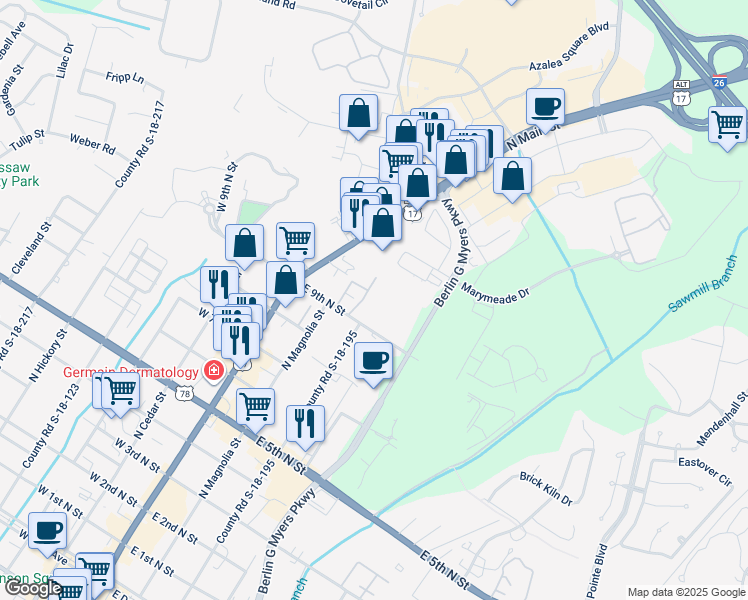 map of restaurants, bars, coffee shops, grocery stores, and more near 1007-1001 County Road S-18-195 in Summerville