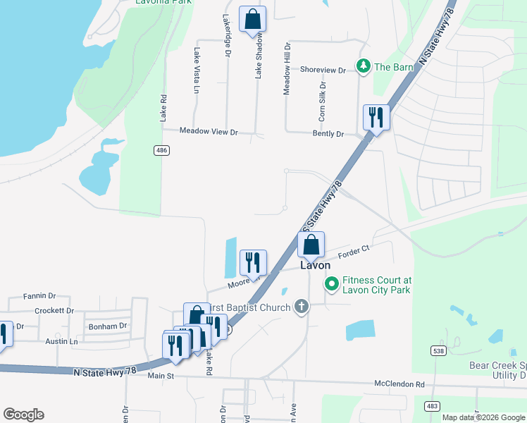 map of restaurants, bars, coffee shops, grocery stores, and more near 400 Lake Road in Lavon