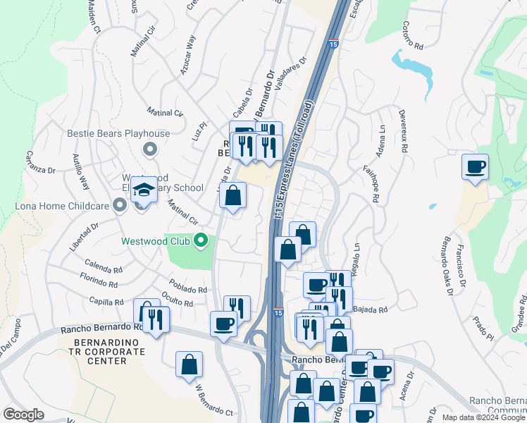 map of restaurants, bars, coffee shops, grocery stores, and more near 17443 Caminito Canasto in San Diego