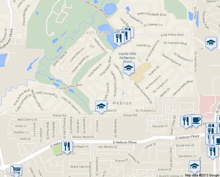 map of restaurants, bars, coffee shops, grocery stores, and more near 1141 Lady Carol Drive in Lewisville